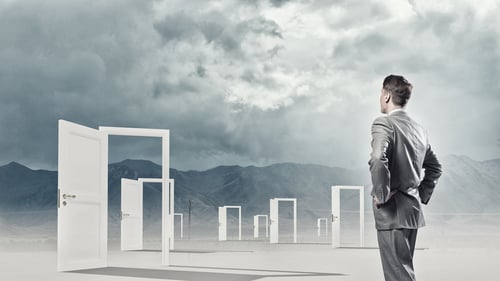 Businessman standing in front of opened doors and making decision-1